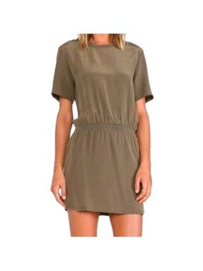Anine Bing Olive Short Sleeve Elastic Waist Mini Dress 100% silk